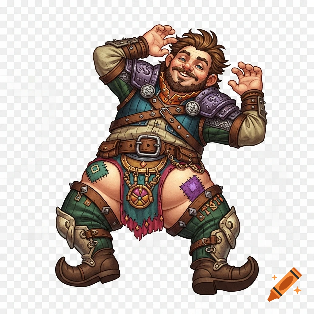 A smiling, burly fantasy character in armor and patched clothing, hands raised in a humorous pose, in a detailed D&D RPG art style.