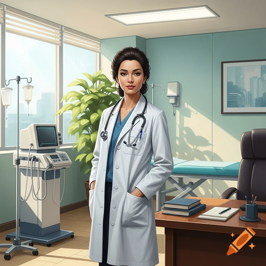 A professional-looking female doctor in a white lab coat and stethoscope stands in a modern medical office.