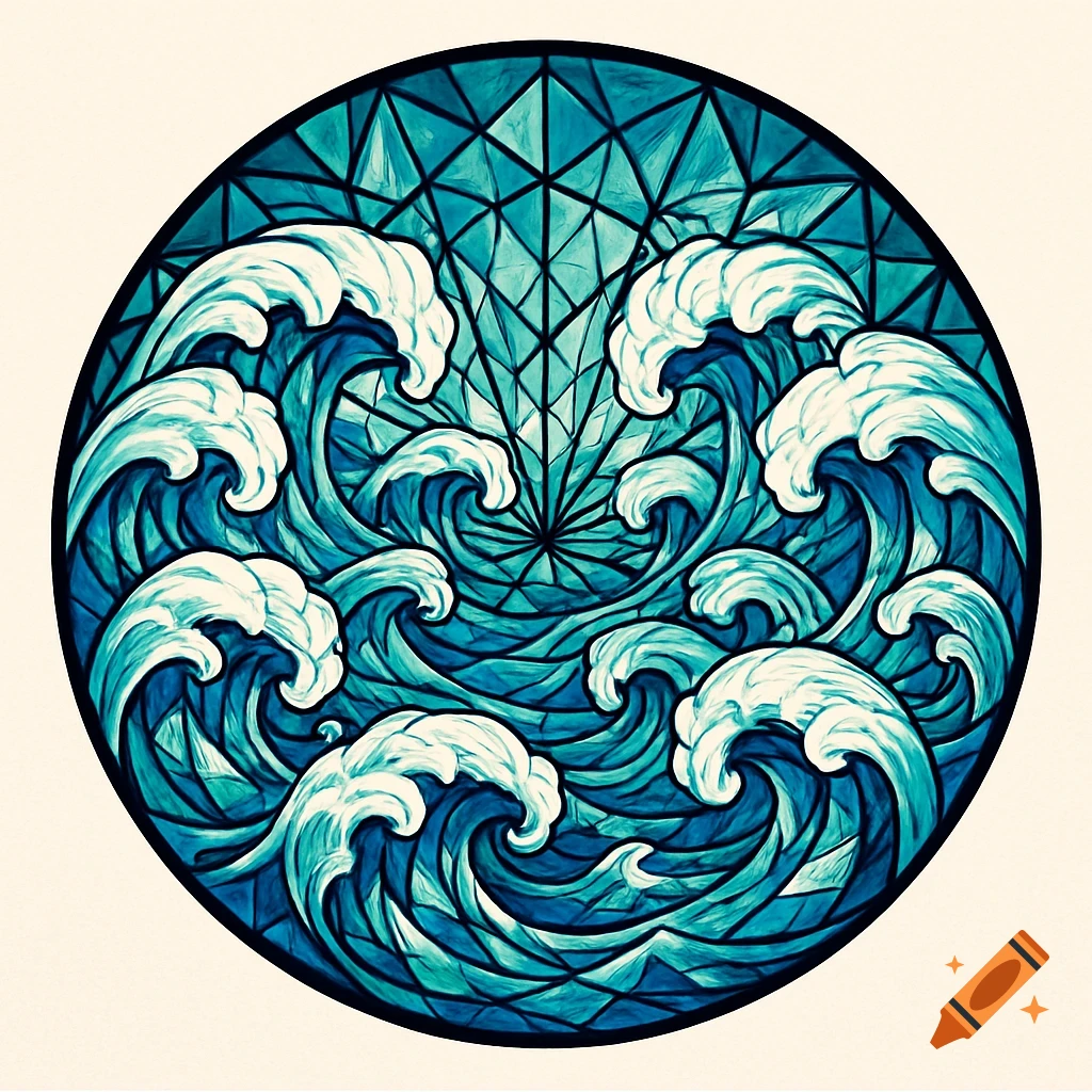 A circular logo featuring stylized blue ocean waves in a stained glass, kaleidoscope pattern.