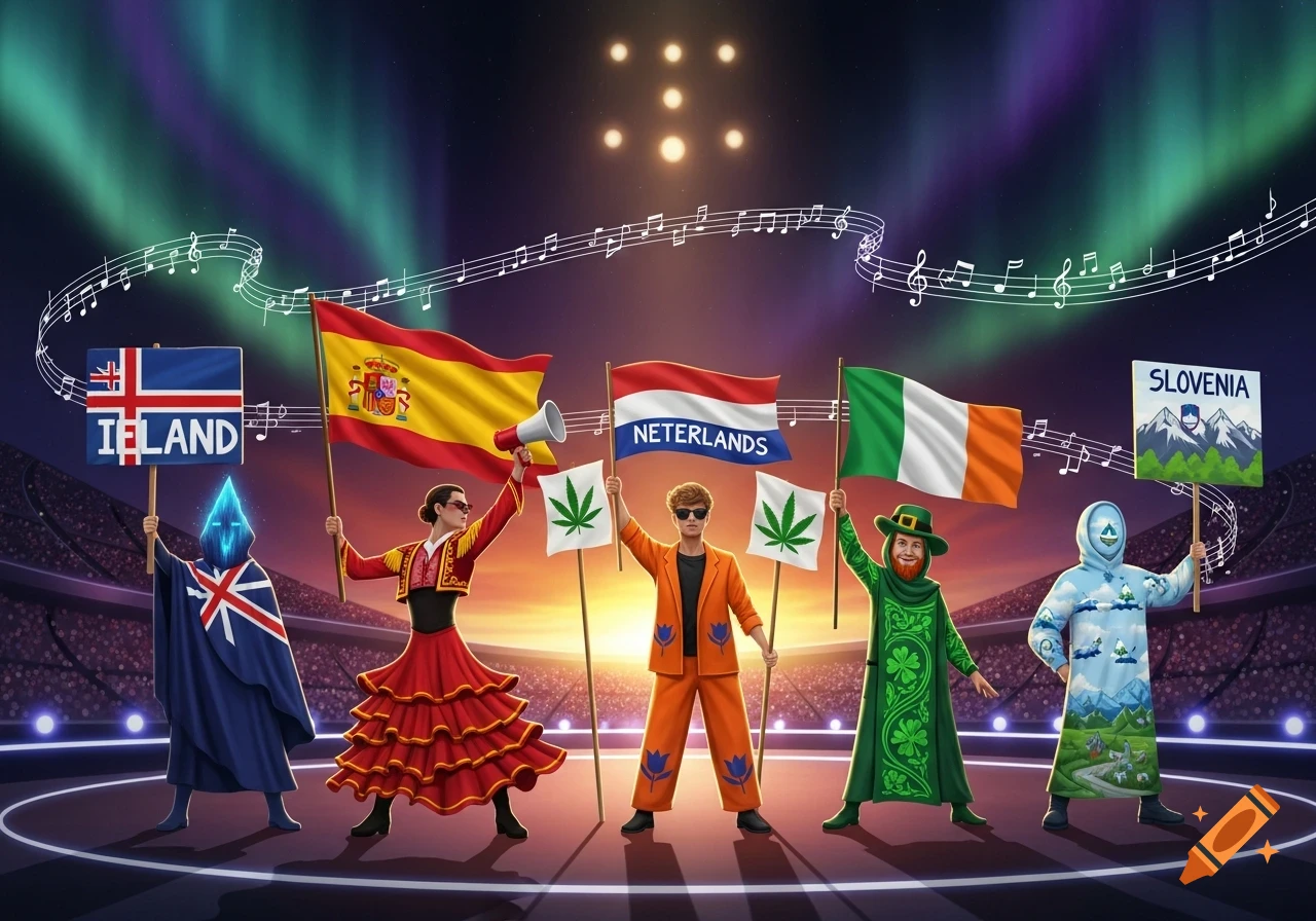 Five cartoon-style people on a stage with flags representing Iceland, Spain, Netherlands, Ireland, and Slovenia, under the aurora borealis.