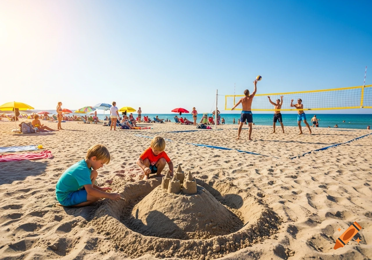 Two children build sandcastles on a sunny beach while adults play volleyball in the background near the clear blue ocean.