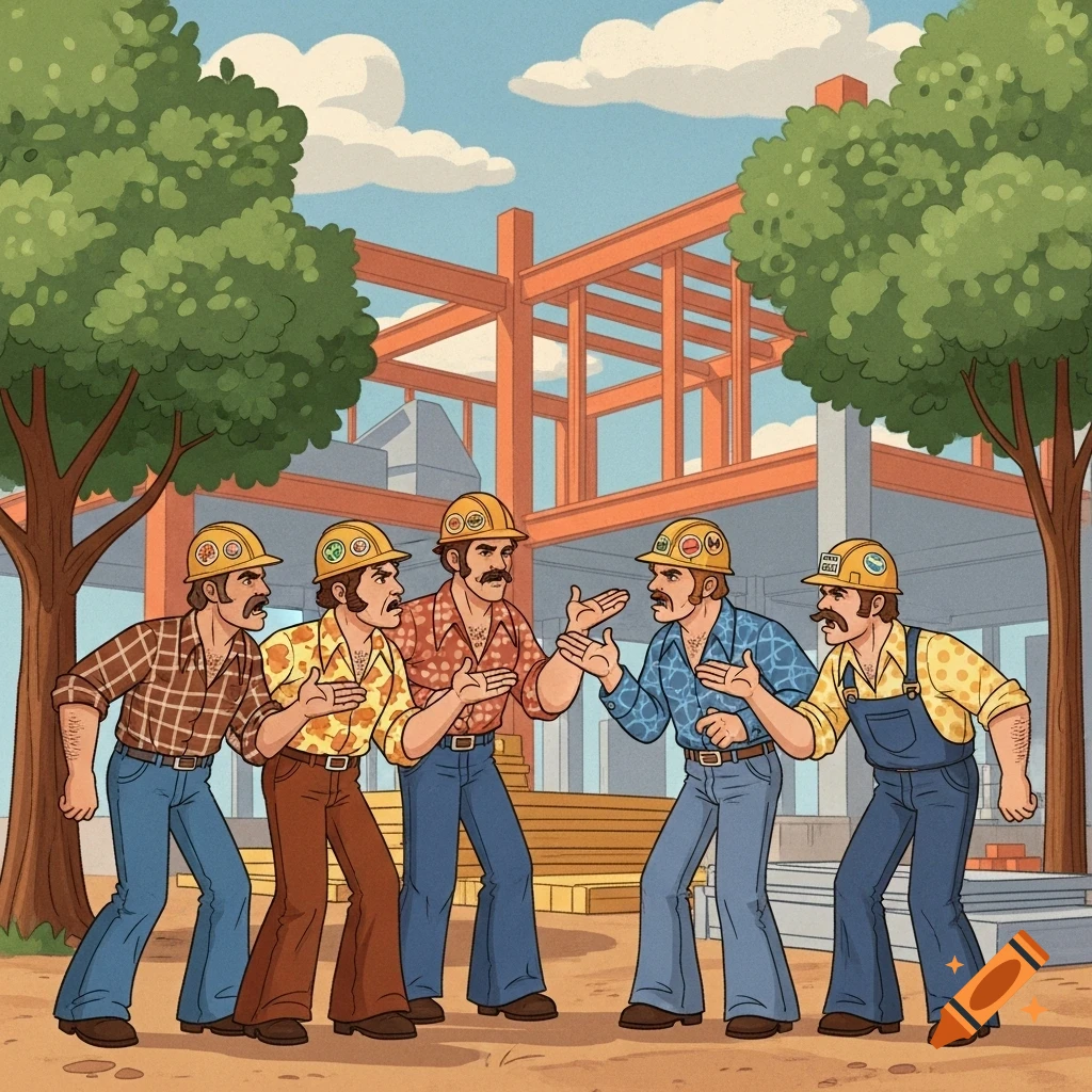 Five vintage 1970s cartoon construction workers argue at a construction site.