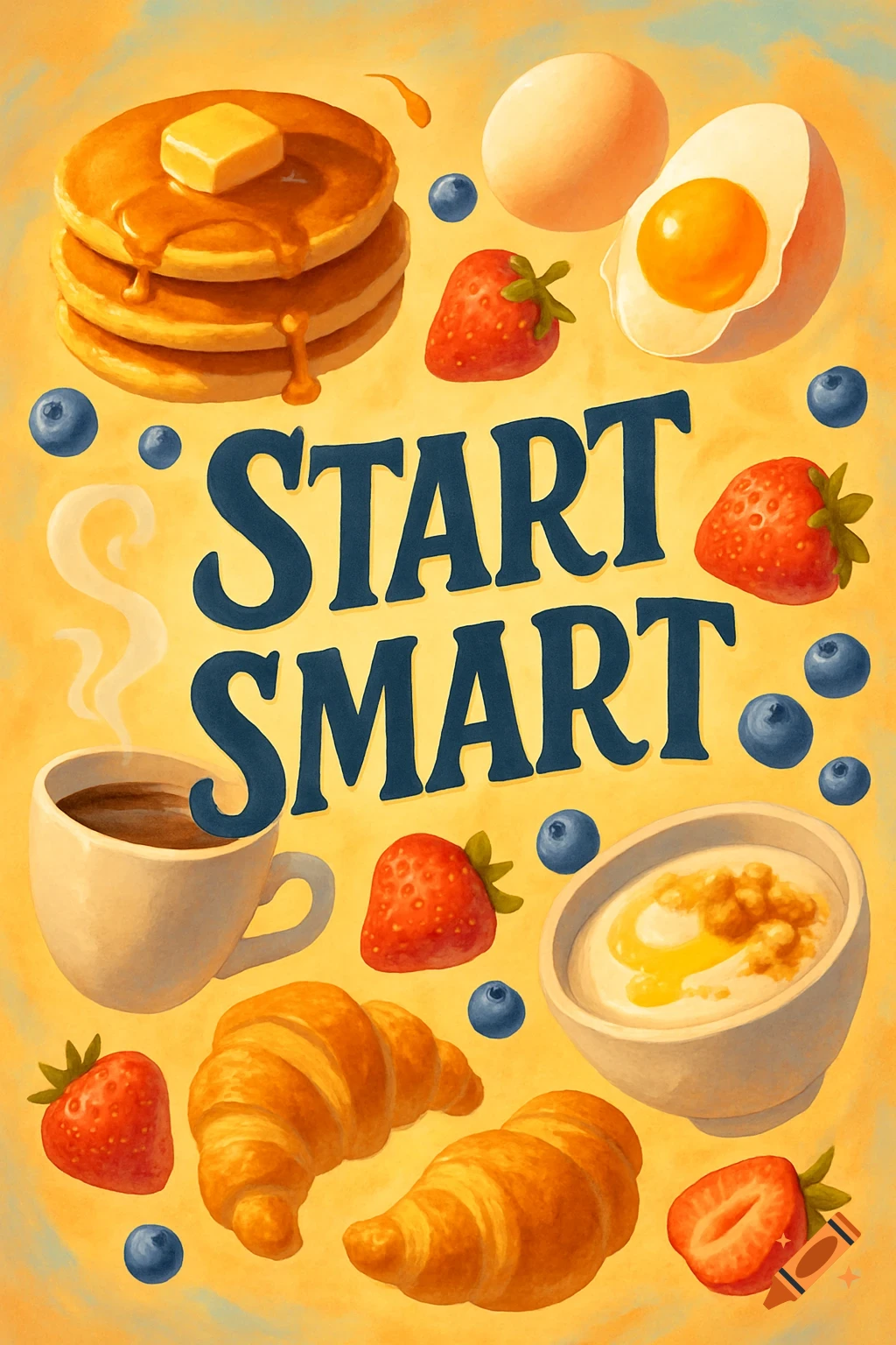Illustration of breakfast foods including pancakes, eggs, coffee, croissants, strawberries, and blueberries surrounding the text "START SMART" on a yellow background.