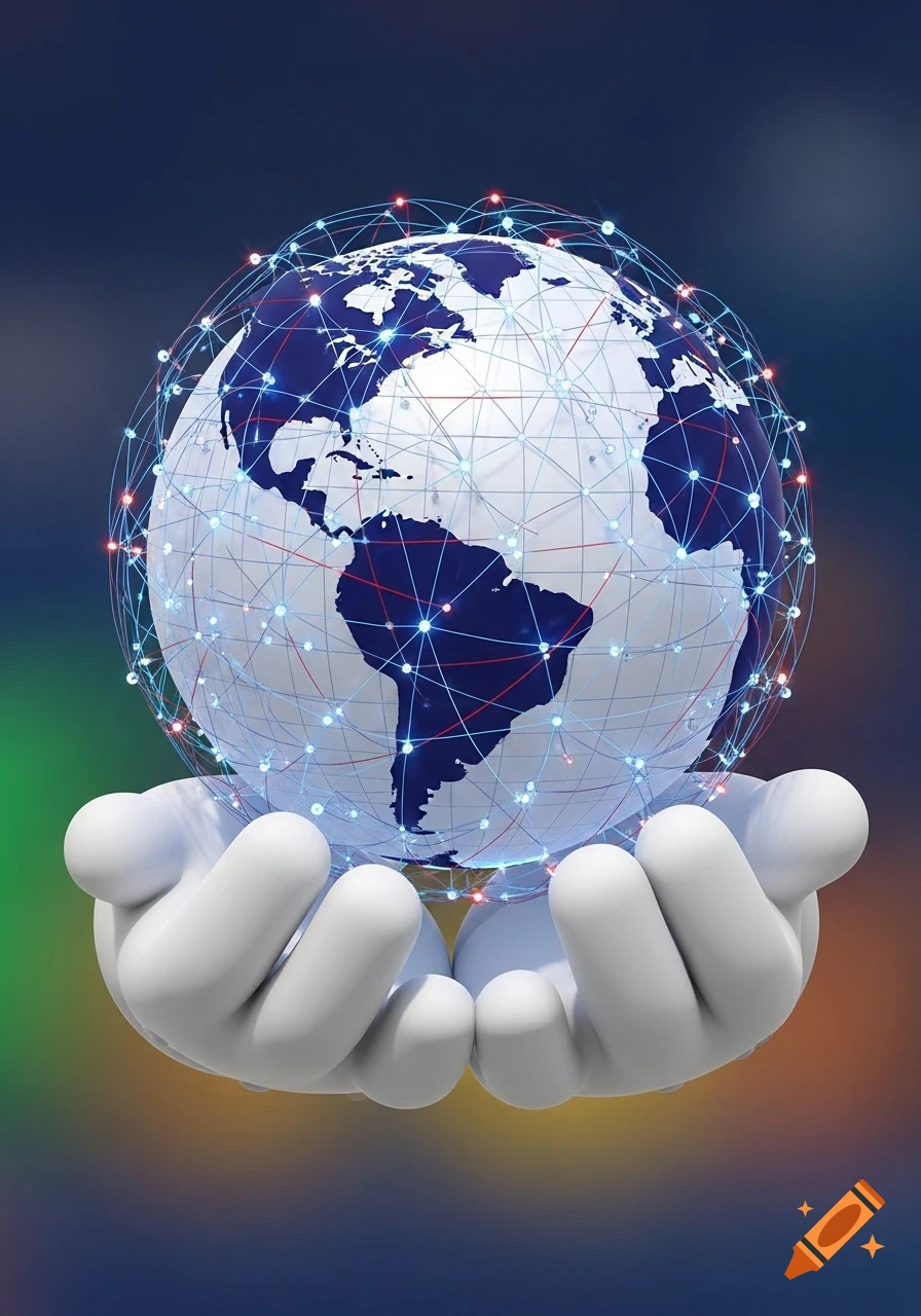 Cartoon white-gloved hands hold a blue and white globe covered in a glowing red and blue network, against a soft gradient background.