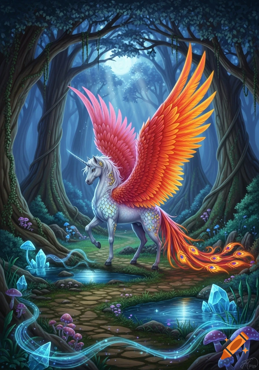 A majestic white unicorn with vibrant pink and orange wings and a peacock-like tail stands in a glowing, mystical forest with luminous crystals and mushrooms.