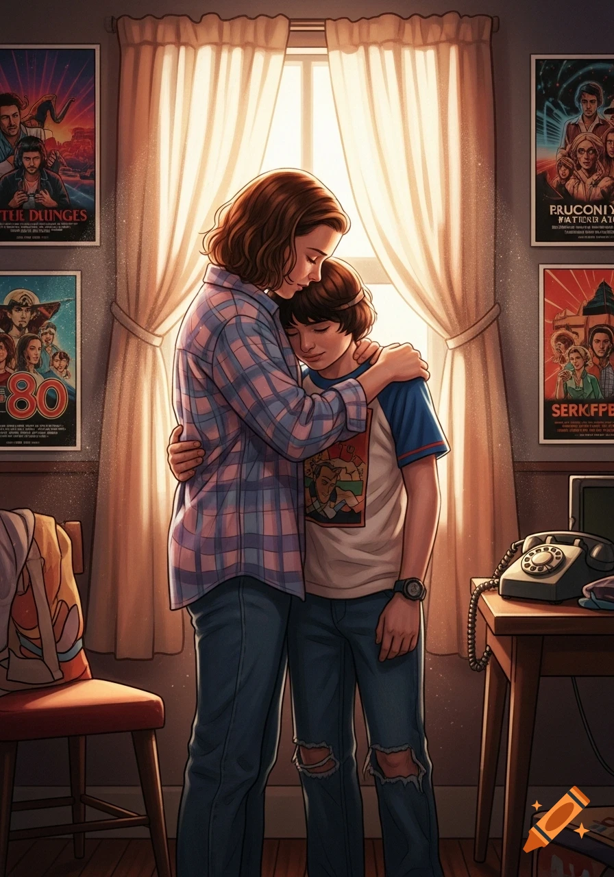 A stylized illustration shows a young woman with short brown hair embracing a boy with a bowl cut, both in 80s-style clothing, in a room with movie posters and a vintage telephone.