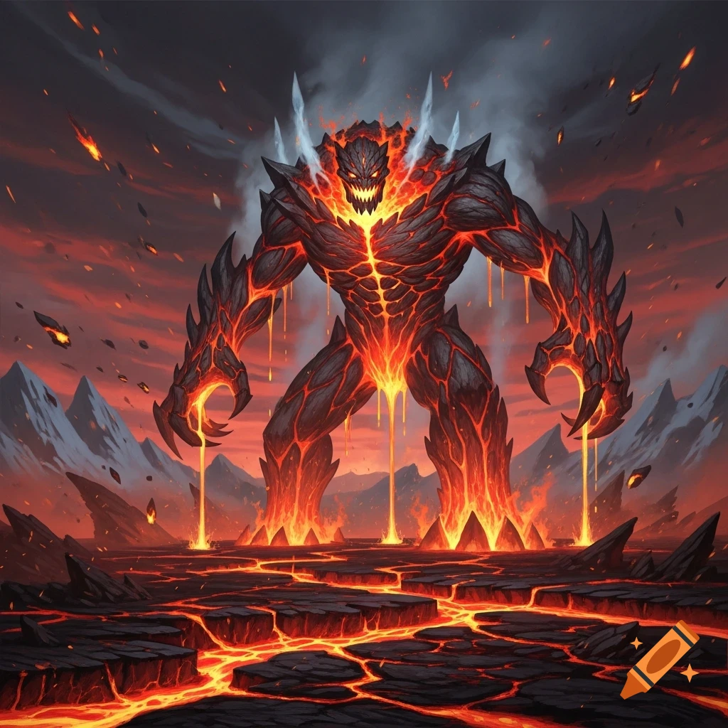 A giant, fearsome lava monster with glowing cracks in its dark, rocky body stands on a volcanic landscape, under a fiery red sky.