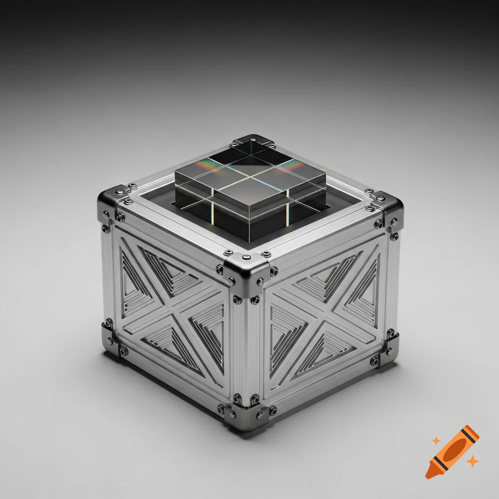 A square metallic box with prominent corner protectors and a clear, reflective acrylic cube embedded in its top.
