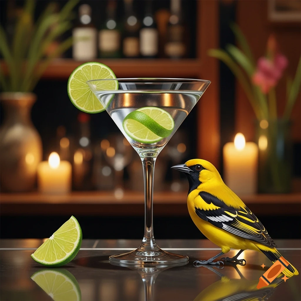 A yellow oriole bird stands next to a martini glass garnished with lime slices on a bar counter, with a blurred bar background.
