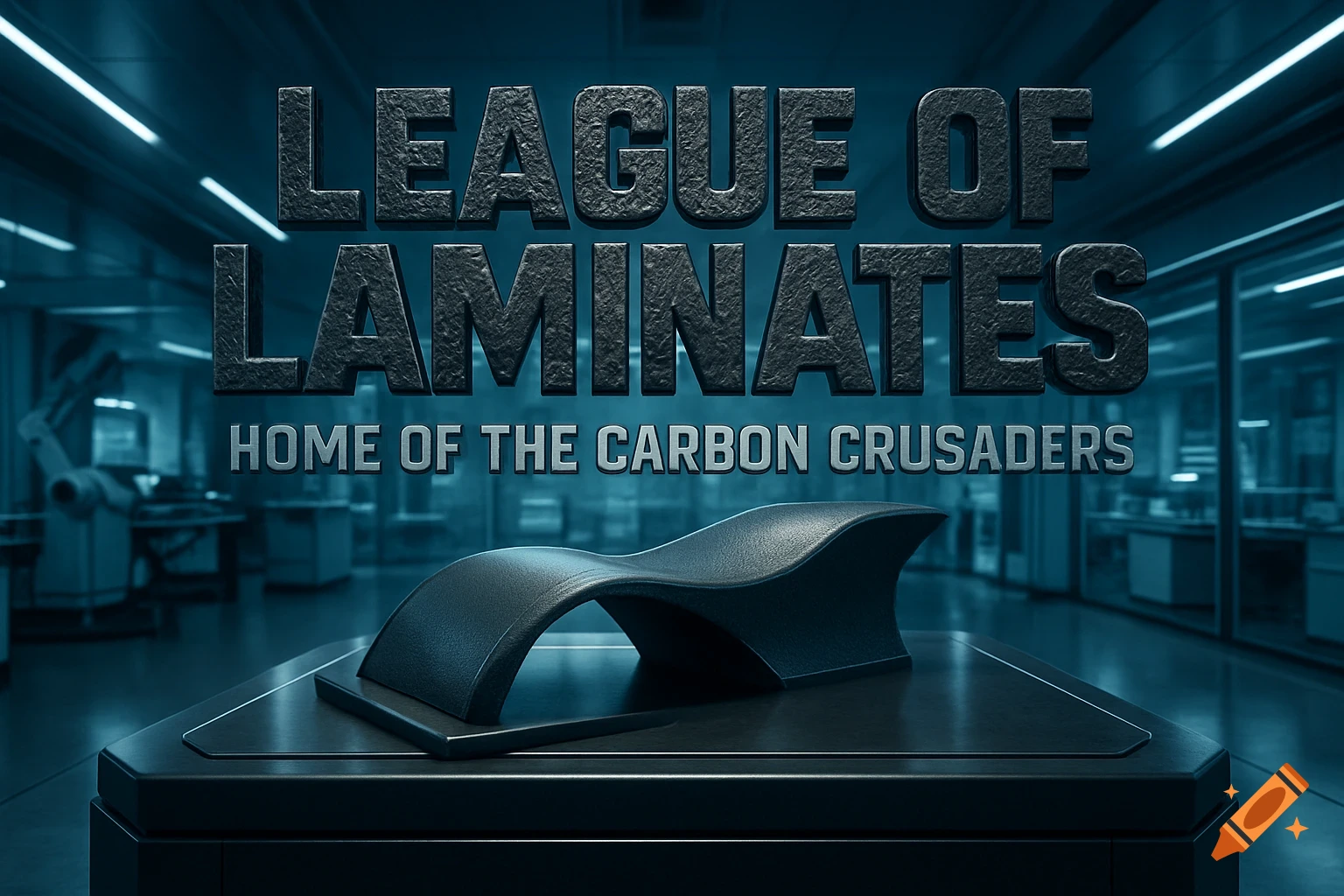 3D text 'League of Laminates' and 'Home of the Carbon Crusaders' above a sculpted carbon fiber object in a high-tech lab.