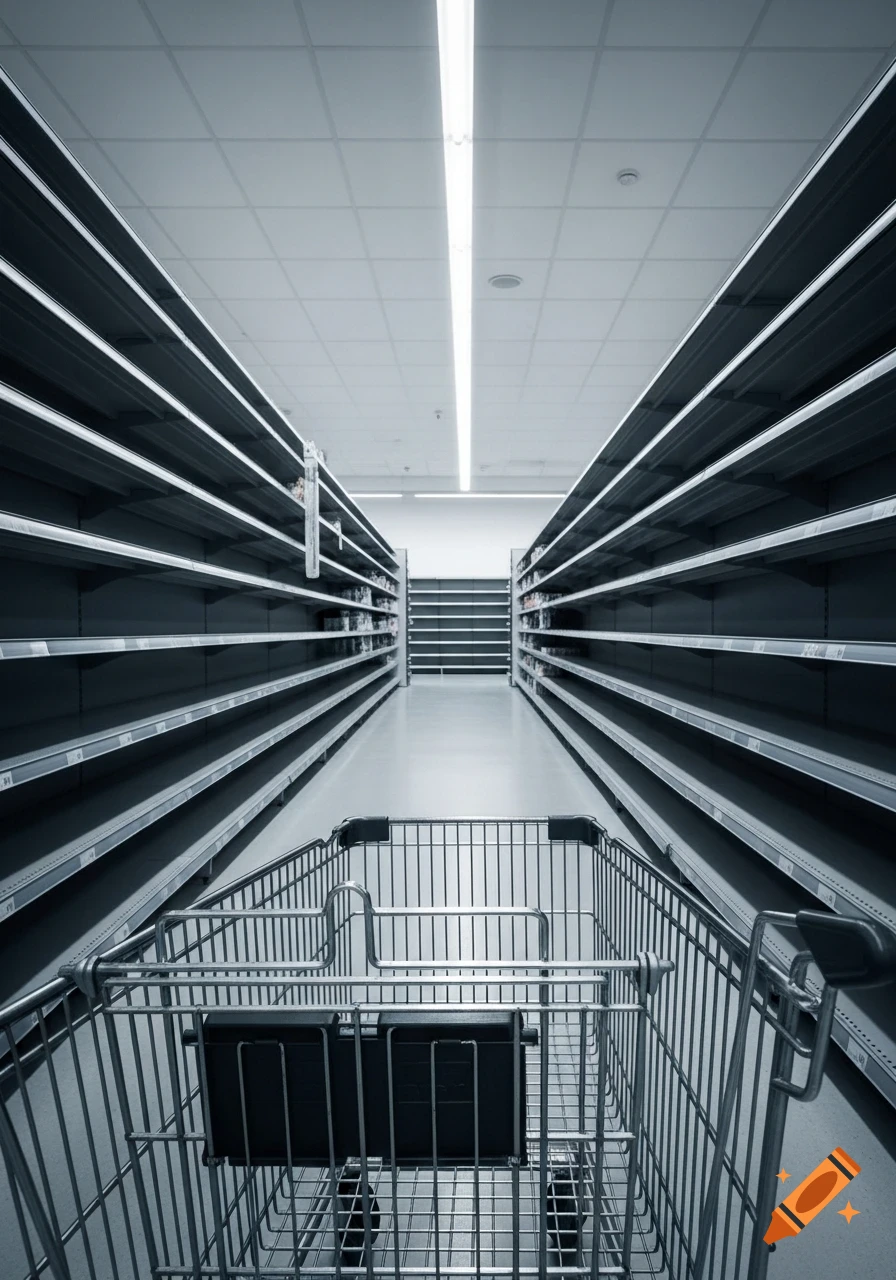 Photorealistic image of an empty supermarket aisle with rows of bare shelves and a shopping cart.