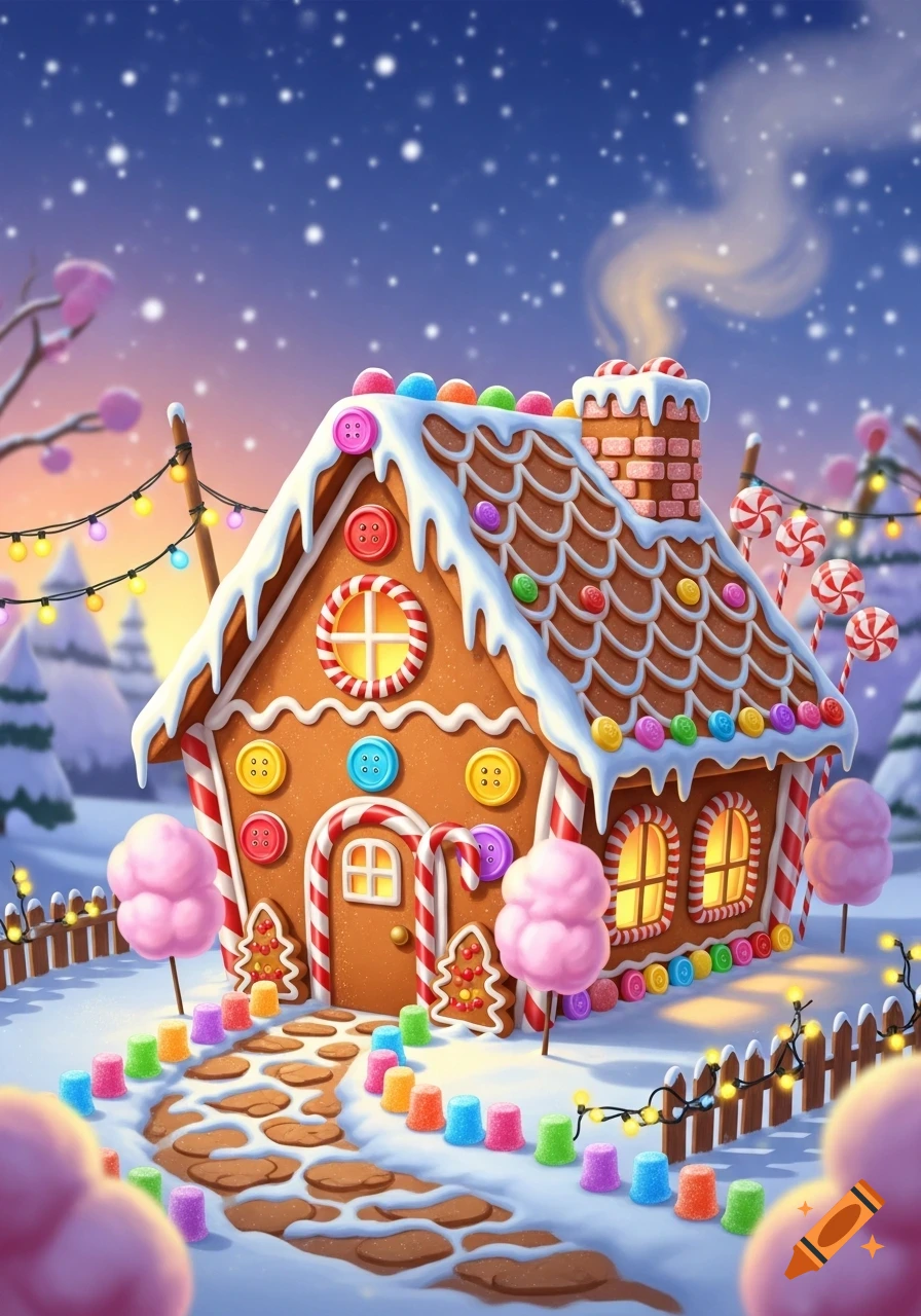 A whimsical gingerbread house stands in a snowy night, adorned with colorful candies, icing, and festive string lights.