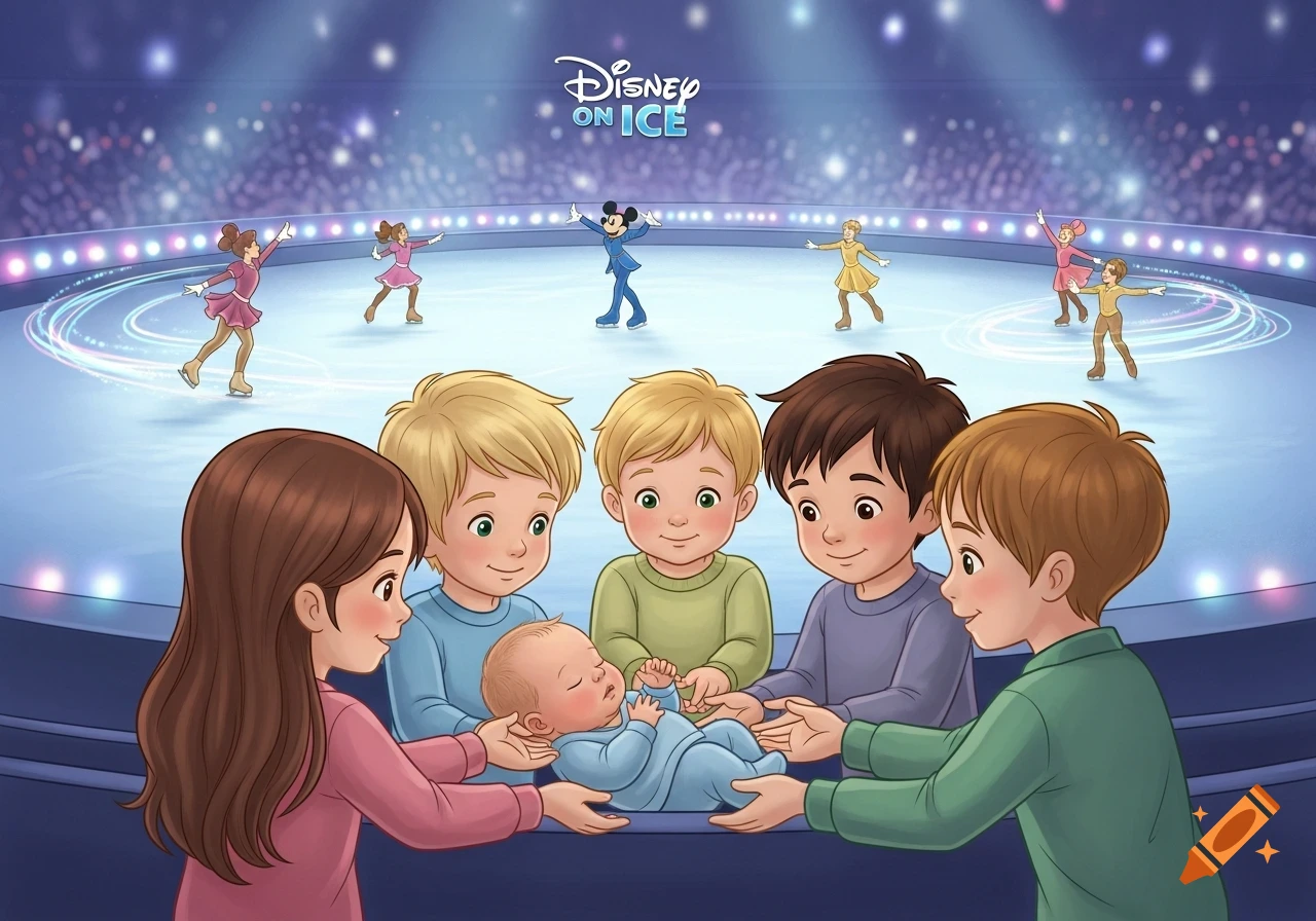 A cartoon image of five children holding a newborn baby, watching Mickey Mouse and other performers ice skate at Disney on Ice.