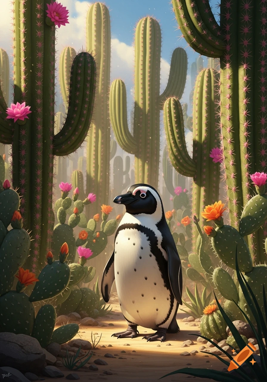 A penguin stands on a dirt path amidst tall saguaro cacti with pink flowers and prickly pear cacti with orange blooms.