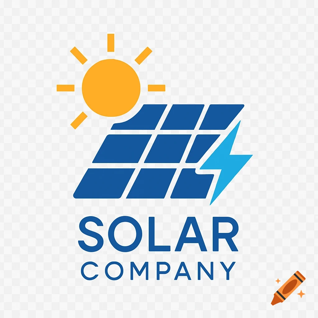 Minimalist logo for a solar company featuring a sun, a solar panel with a lightning bolt, and the text 'SOLAR COMPANY'.