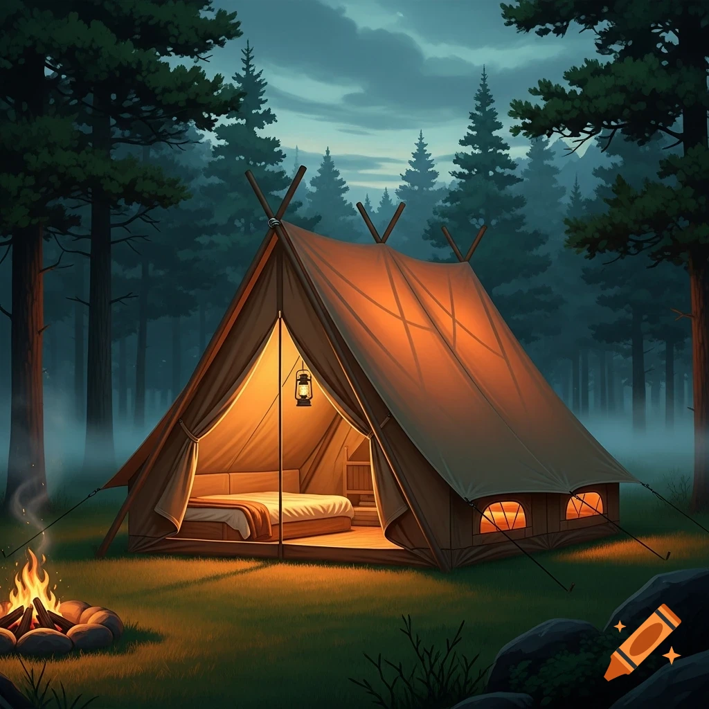 A cozy, illuminated A-frame tent with a bed inside, next to a crackling campfire in a dark, misty forest at night.