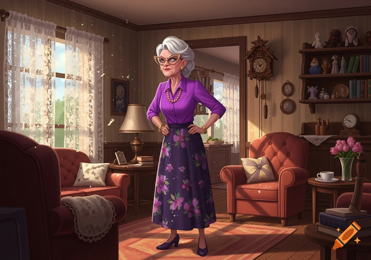 Stylized illustration of an angry older woman with gray hair, wearing a purple shirt and floral skirt, standing in a cozy living room.