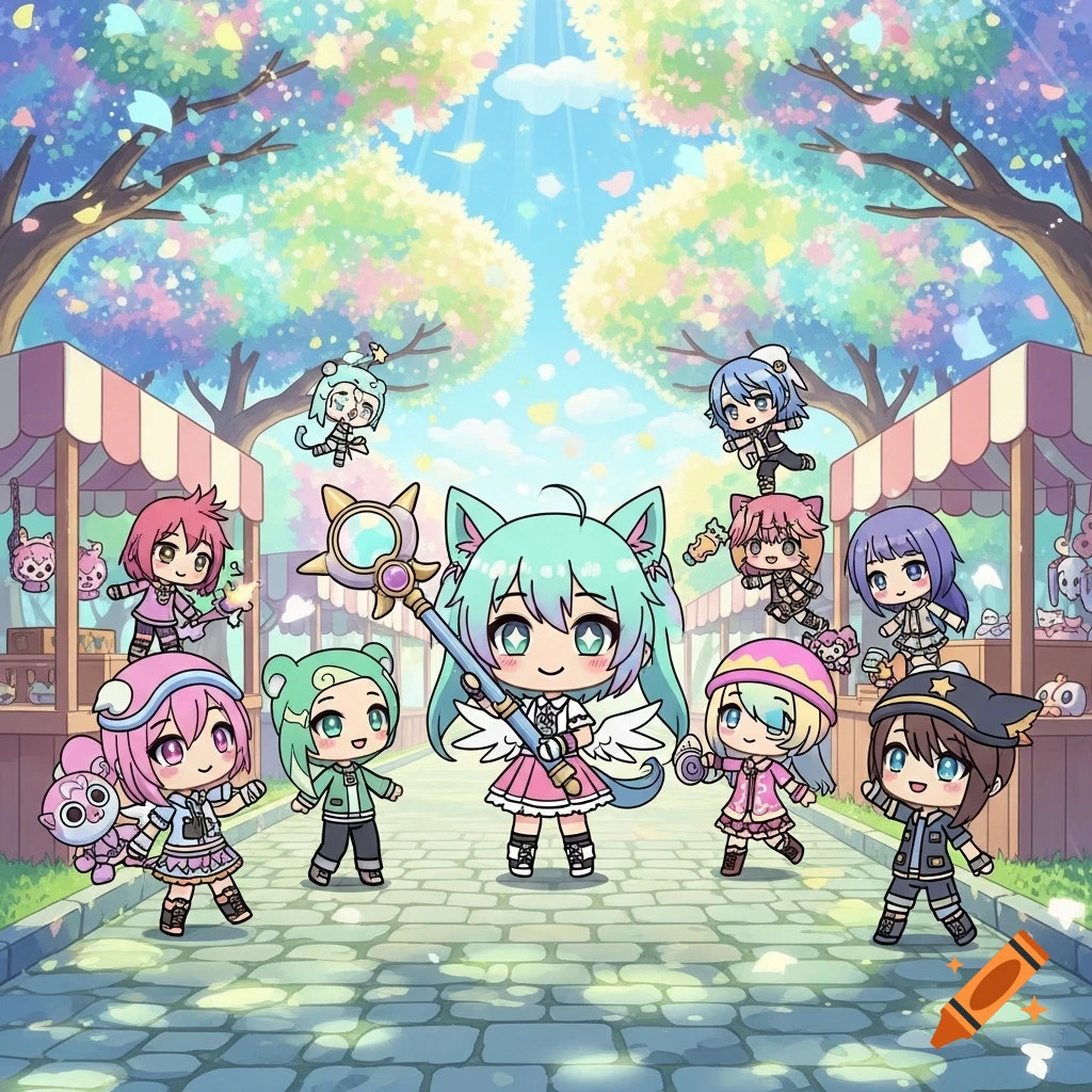 Colorful chibi anime characters, including a winged cat-girl with a wand, gather on a whimsical street with market stalls and pastel trees, Gacha Life style.