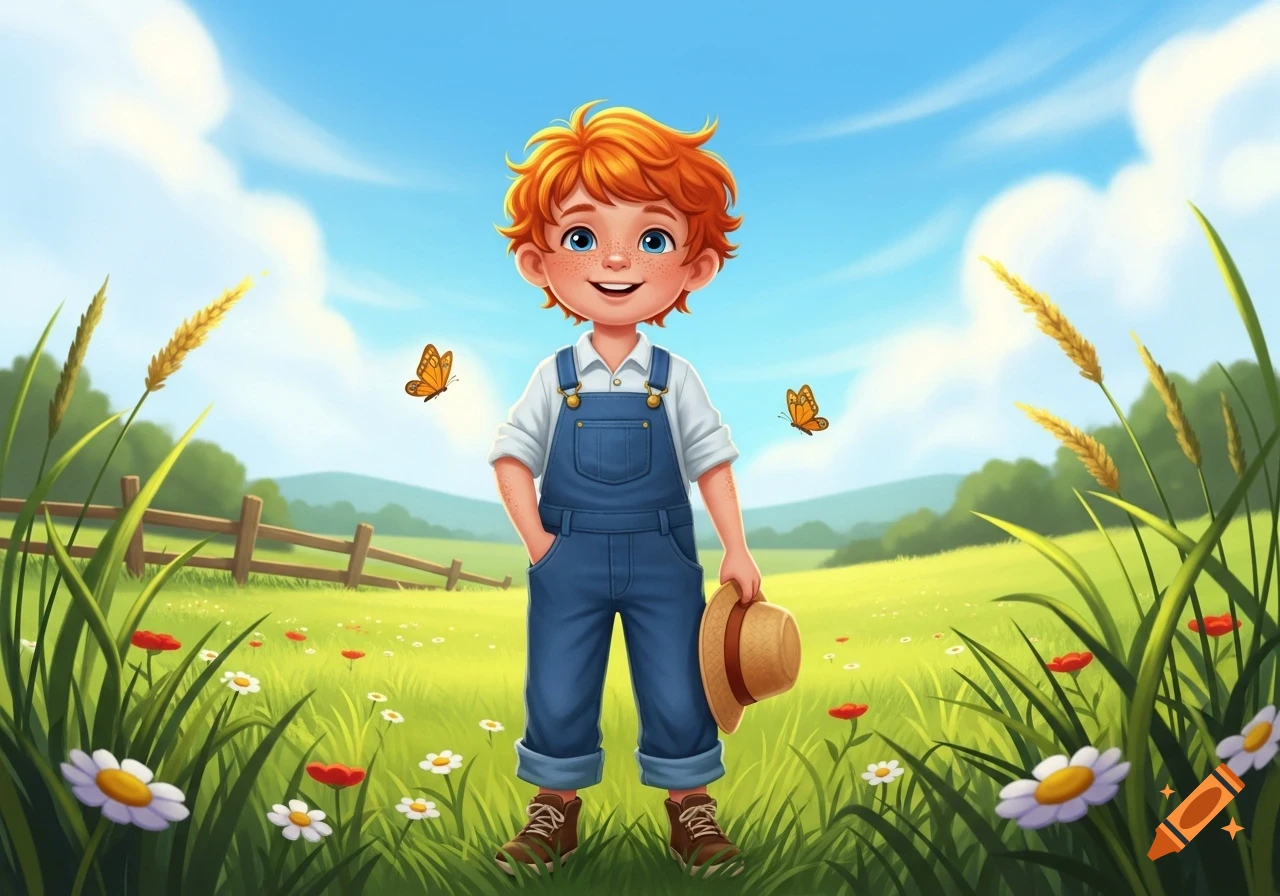 Smiling, red-headed cartoon boy in blue overalls holding a straw hat, standing in a sunny green field with flowers and butterflies.