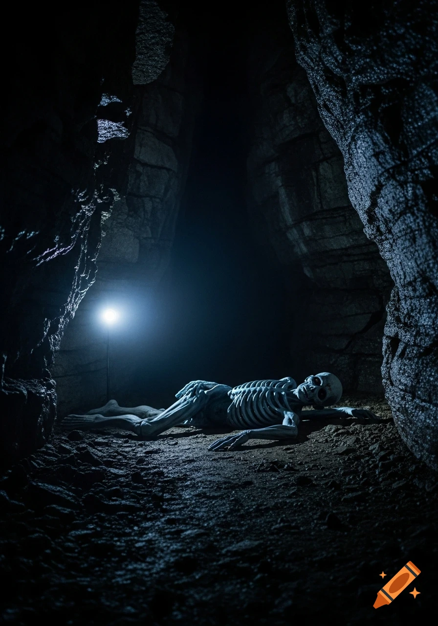 A skeleton lies on the ground in a dark, rocky cave, illuminated by the bright beam of a flashlight.