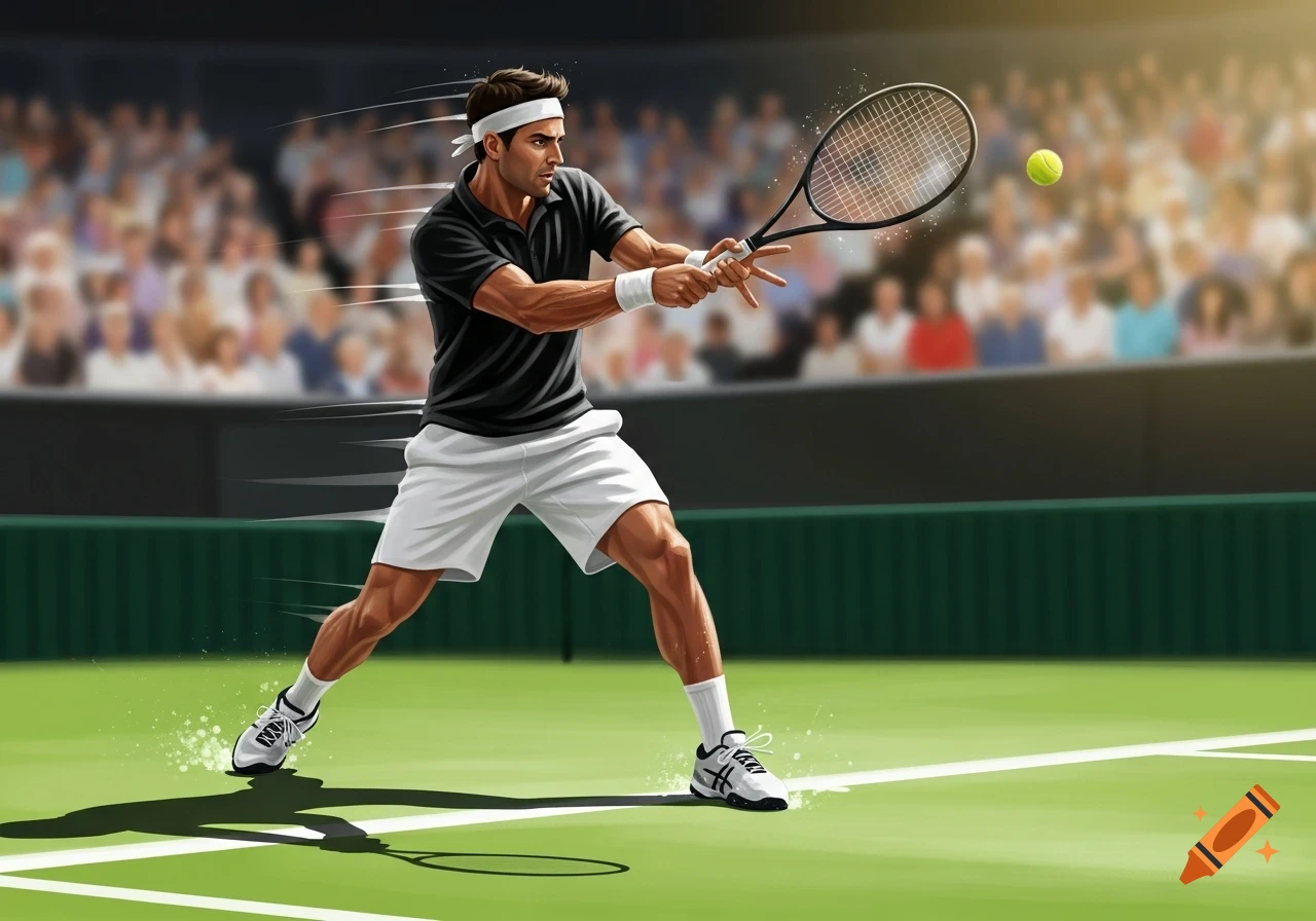 A stylized illustration of a male tennis player in a black shirt and white shorts, hitting a tennis ball on a green court with a blurred crowd in the background.