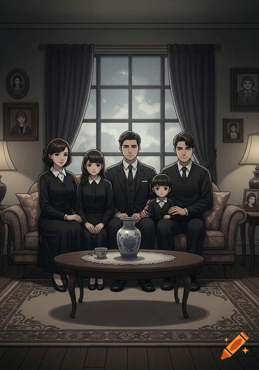 An anime-style family portrait of two parents and two children in black clothes, sitting on a sofa in a somber living room.
