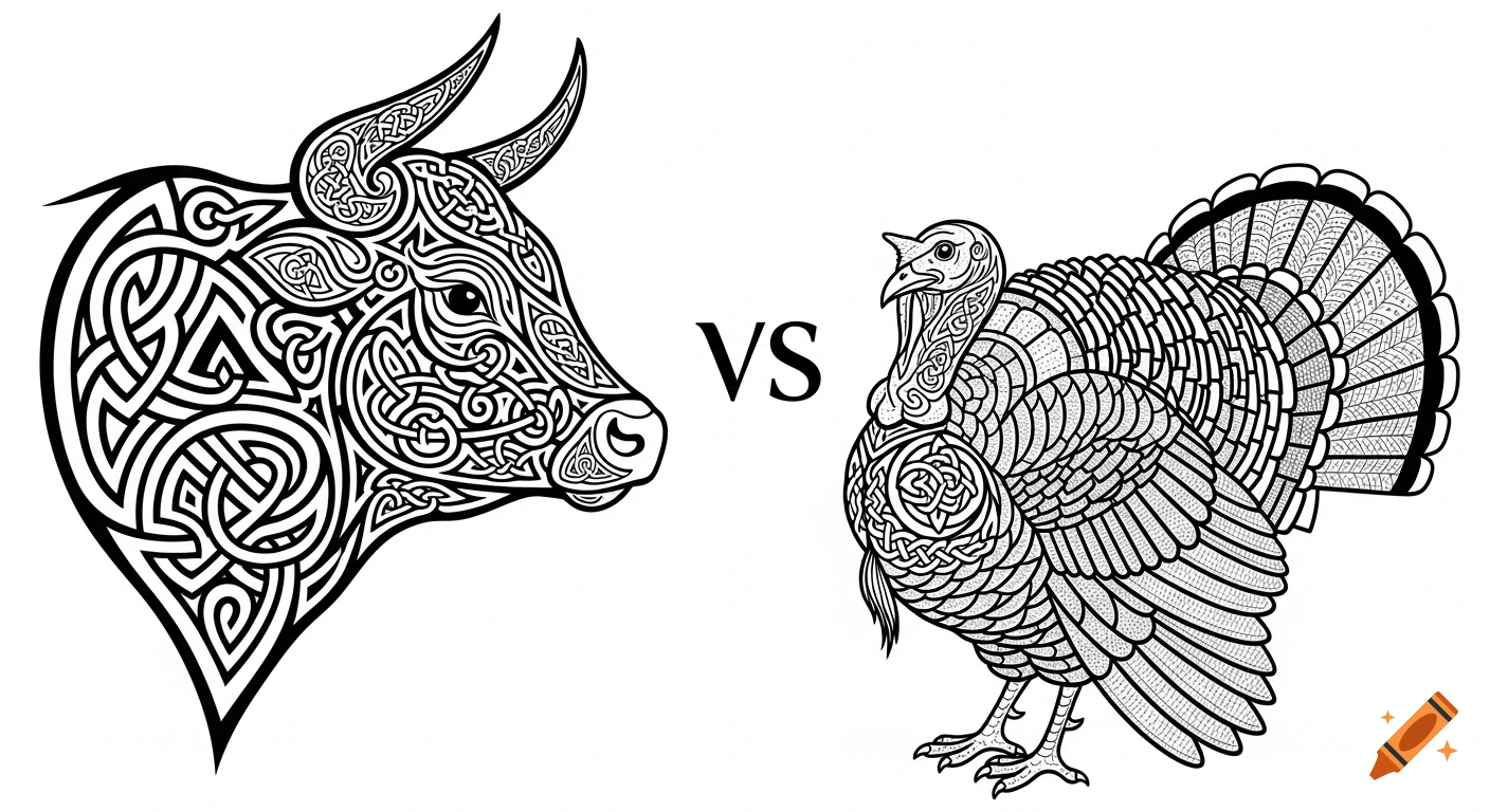 Black and white Celtic knot style illustrations of a bull's head facing right and a turkey facing left, with 'VS' in between them.