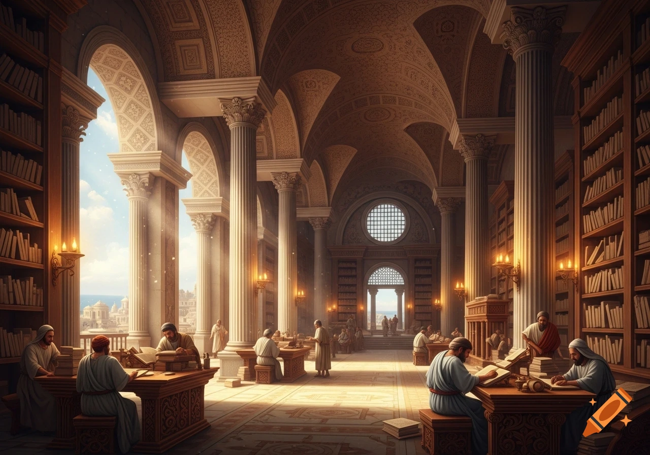 Vast ancient library with high arches, columns, and towering bookshelves. Sunlight illuminates scholars reading at wooden desks.