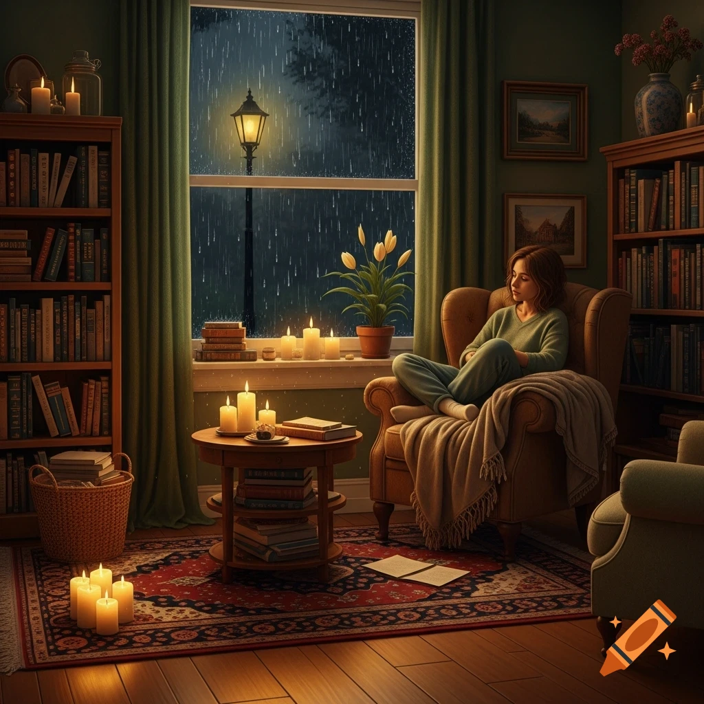 A woman in an armchair looks out a window at a rainy night, surrounded by bookshelves, lit candles, and a cozy rug.