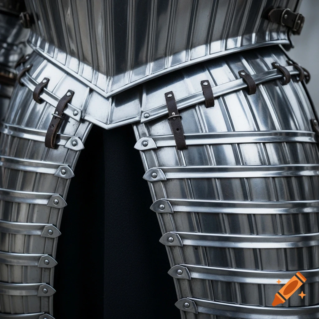 Close-up of shiny, polished silver armor with overlapping metallic plates and leather straps.