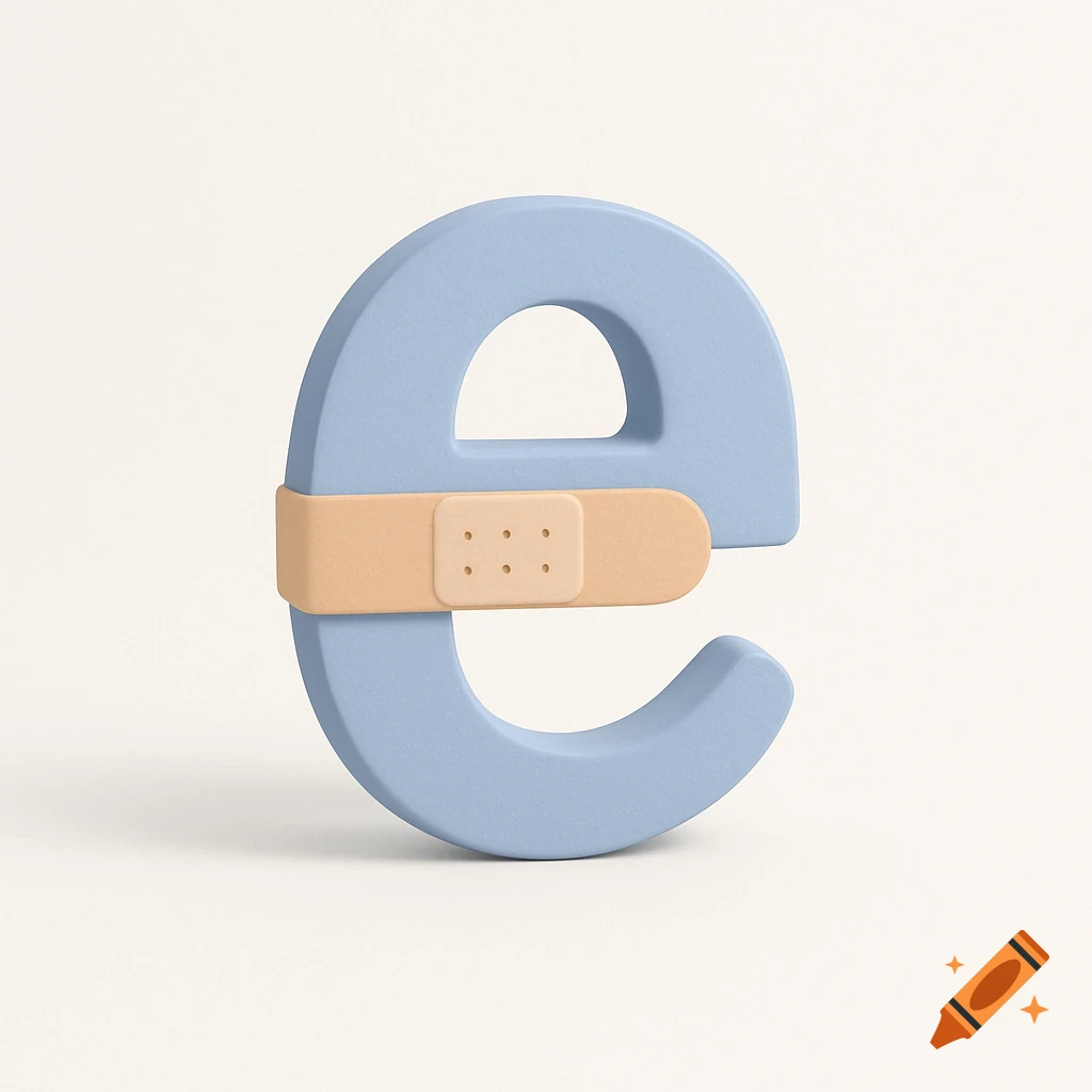 A light blue 3D lowercase letter 'e' with a beige band-aid wrapped horizontally around its middle.