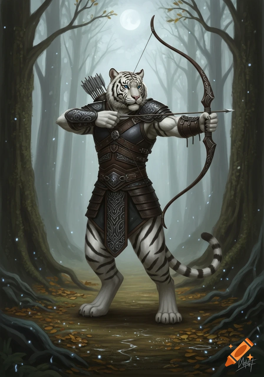 An anthropomorphic white tiger in dark leather armor draws a heavy bow in a misty forest under moonlight.
