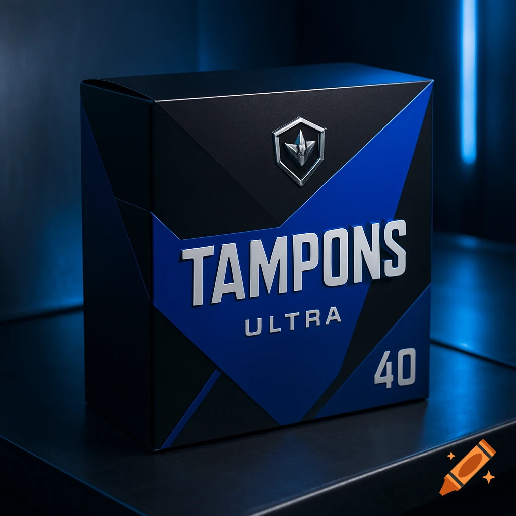 A photorealistic close-up of a blue and black box of tampons labeled "TAMPONS ULTRA 40" on a dark surface.