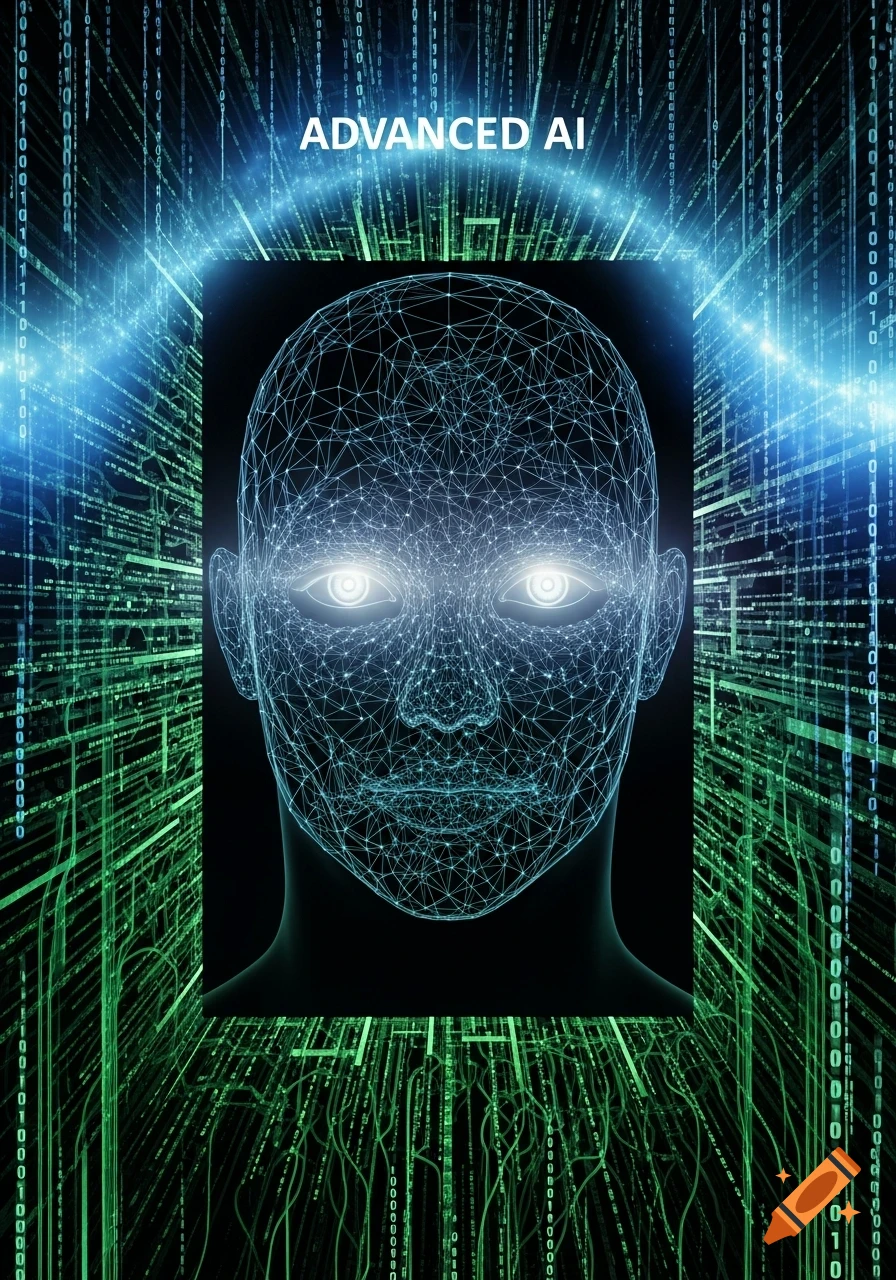 A glowing blue wireframe head labeled "ADVANCED AI," surrounded by green and blue binary code streams.