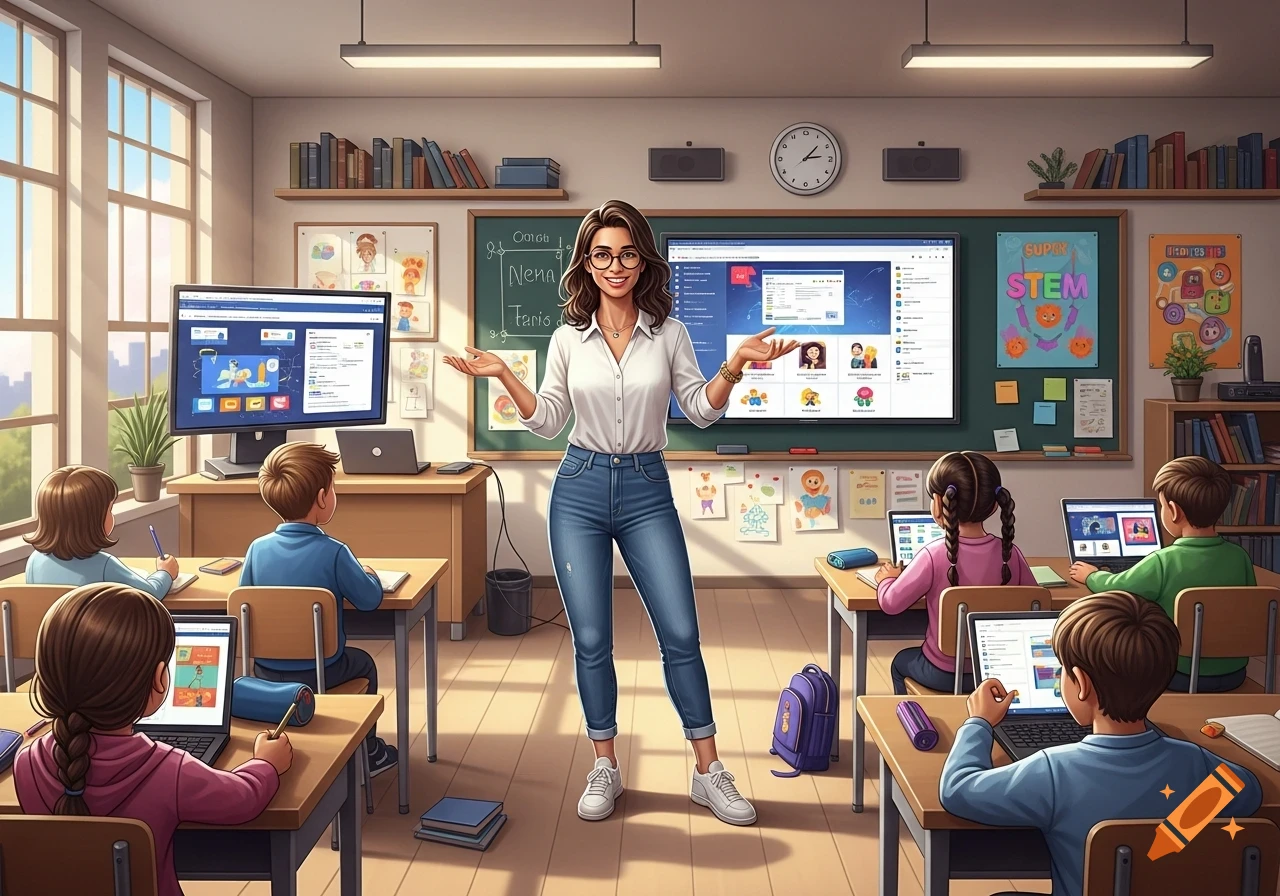 A smiling female teacher stands in a modern classroom, gesturing towards a large screen displaying software, with students working on laptops at desks.