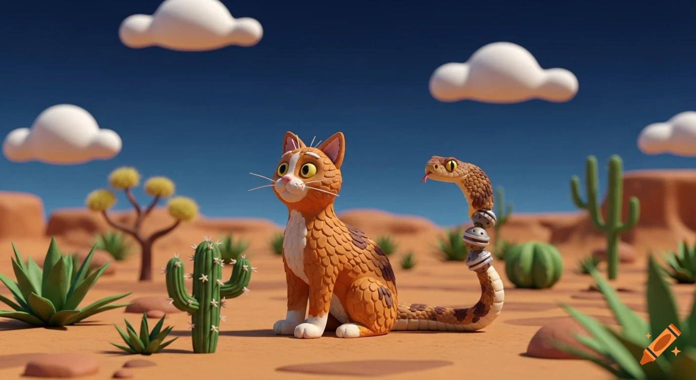A 3D claymation-style cat with a rattlesnake tail sits in a desert with cacti and puffy clouds under a blue sky.