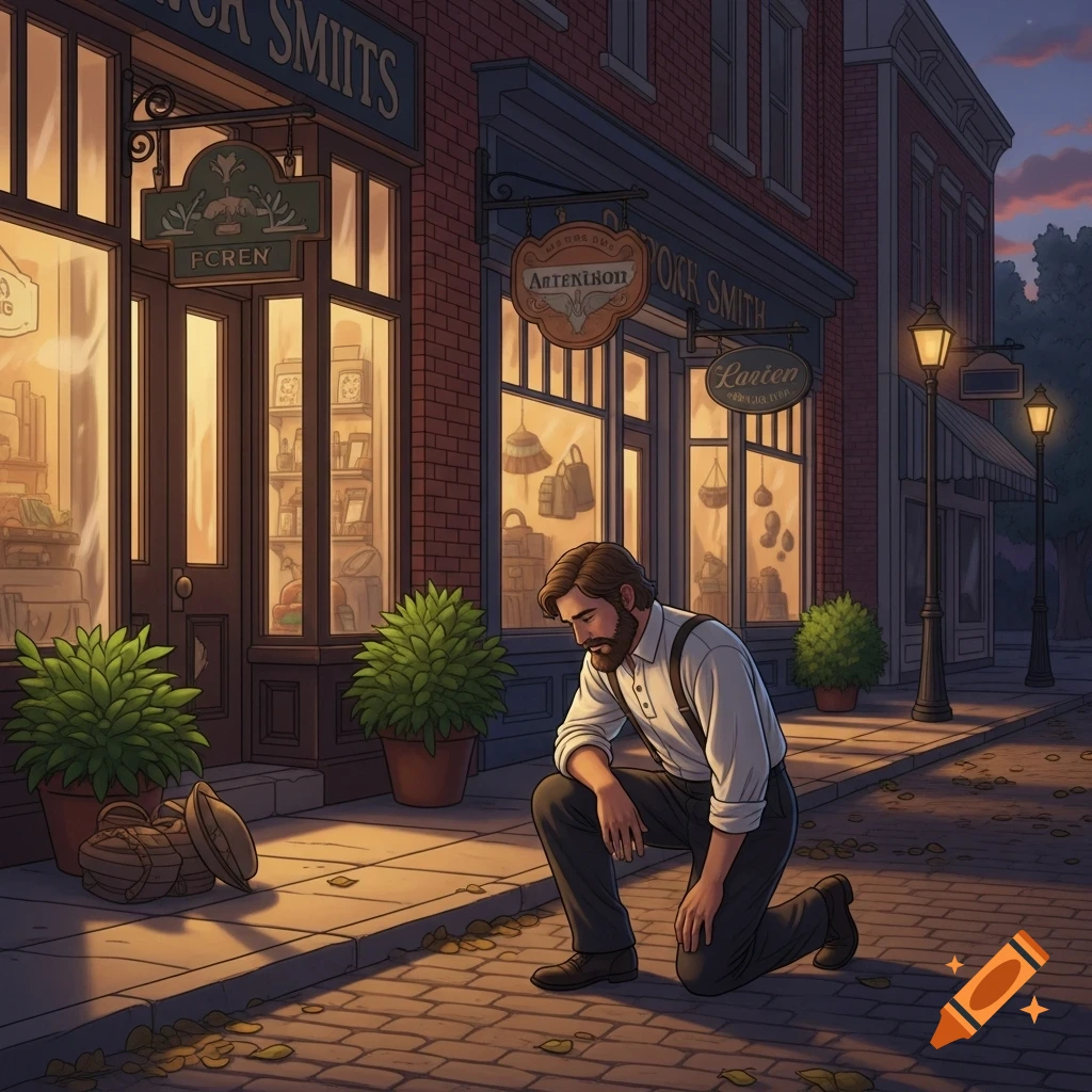 An illustrated man with a beard, wearing a white shirt and suspenders, kneels on a brick sidewalk in front of warmly lit storefronts at dusk.