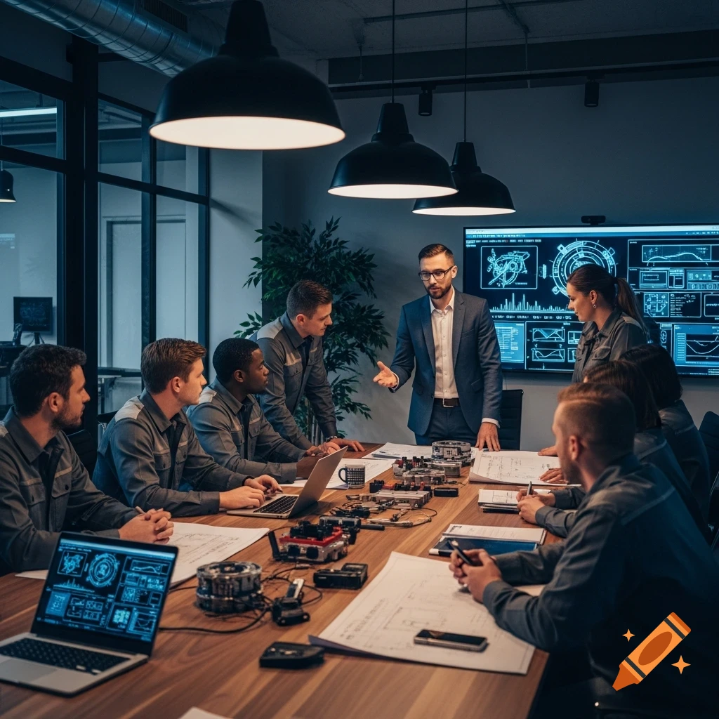 A quality manager in a suit talks to a diverse group of engineers in a modern meeting room, with screens displaying technical data.