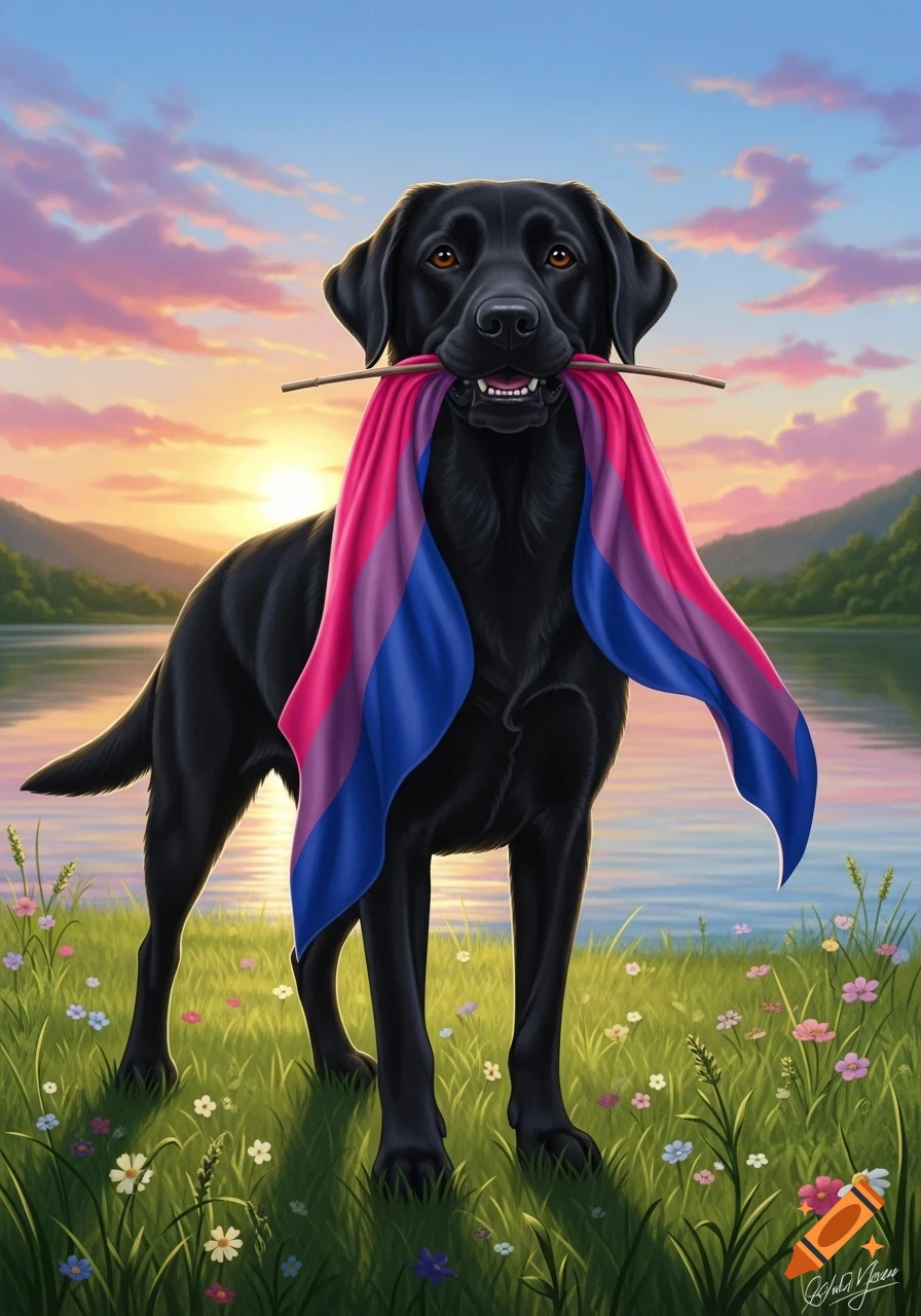 A black Labrador retriever stands in a grassy field, holding a bisexual flag in its mouth, with a lake and sunset behind it.
