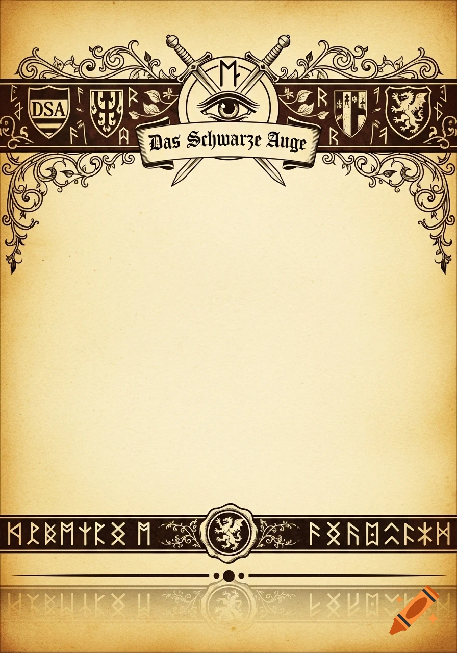 A sepia-toned fantasy page template with ornate brown borders, featuring crossed swords, a stylized eye, a banner with 'Das Schwarze Auge' text, shields, runes, and a dragon wax seal.