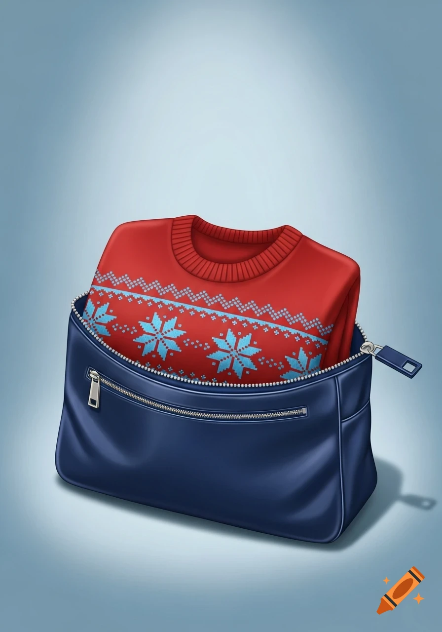 A red sweater with a light blue snowflake pattern is folded inside a dark blue zip bag against a light blue background.