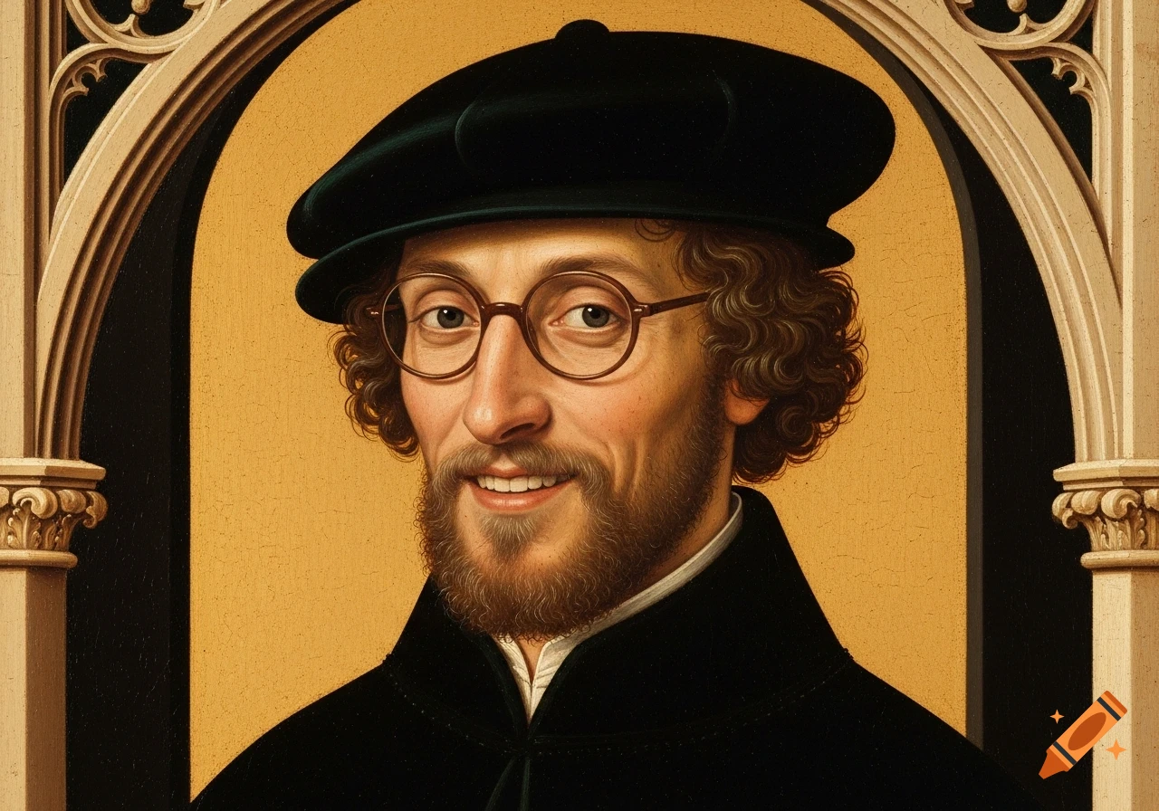 Detailed Renaissance-style portrait painting of a smiling man with curly hair, beard, round glasses, dark cap, and coat.