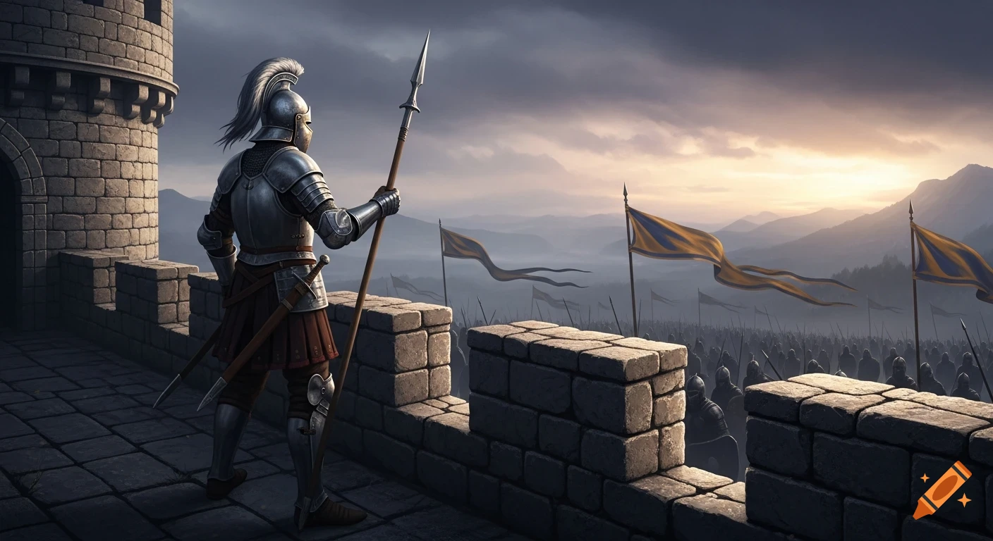 A knight stands on a castle wall overlooking a vast army with flags in the distance under a dramatic sky.