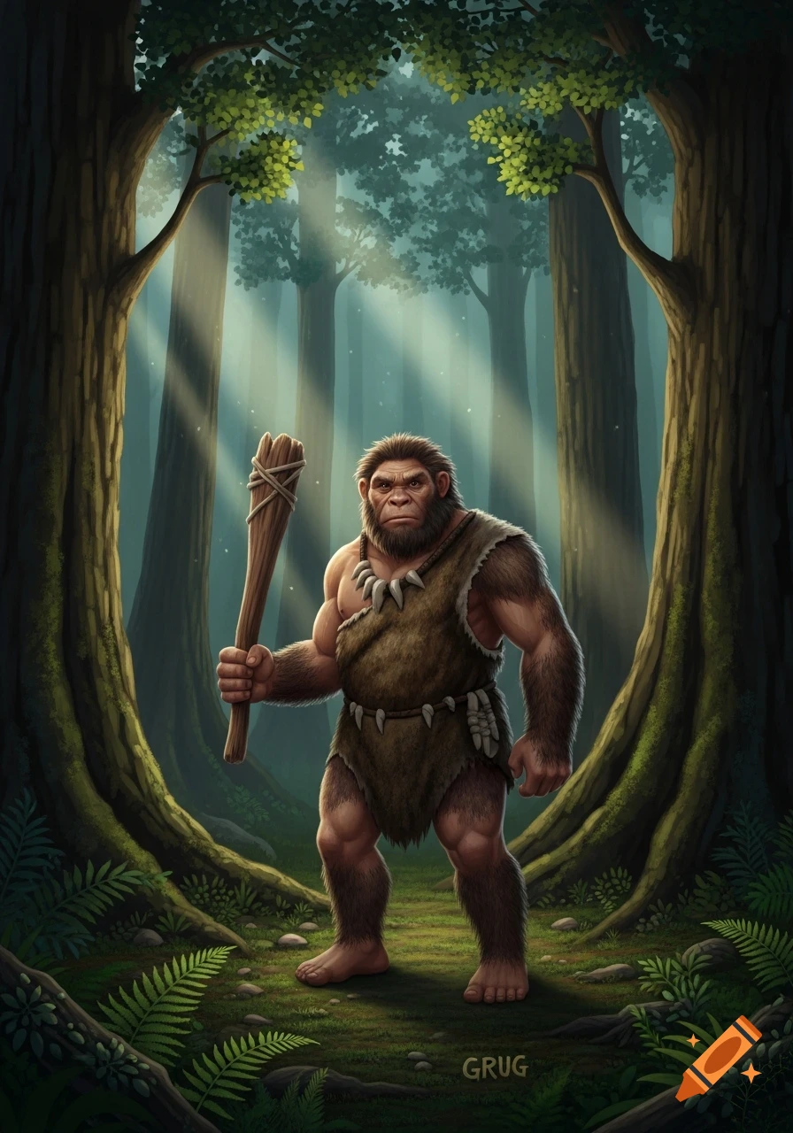 A cartoonish caveman wearing a fur loincloth and bone necklace, holding a club, stands in a sun-dappled forest.