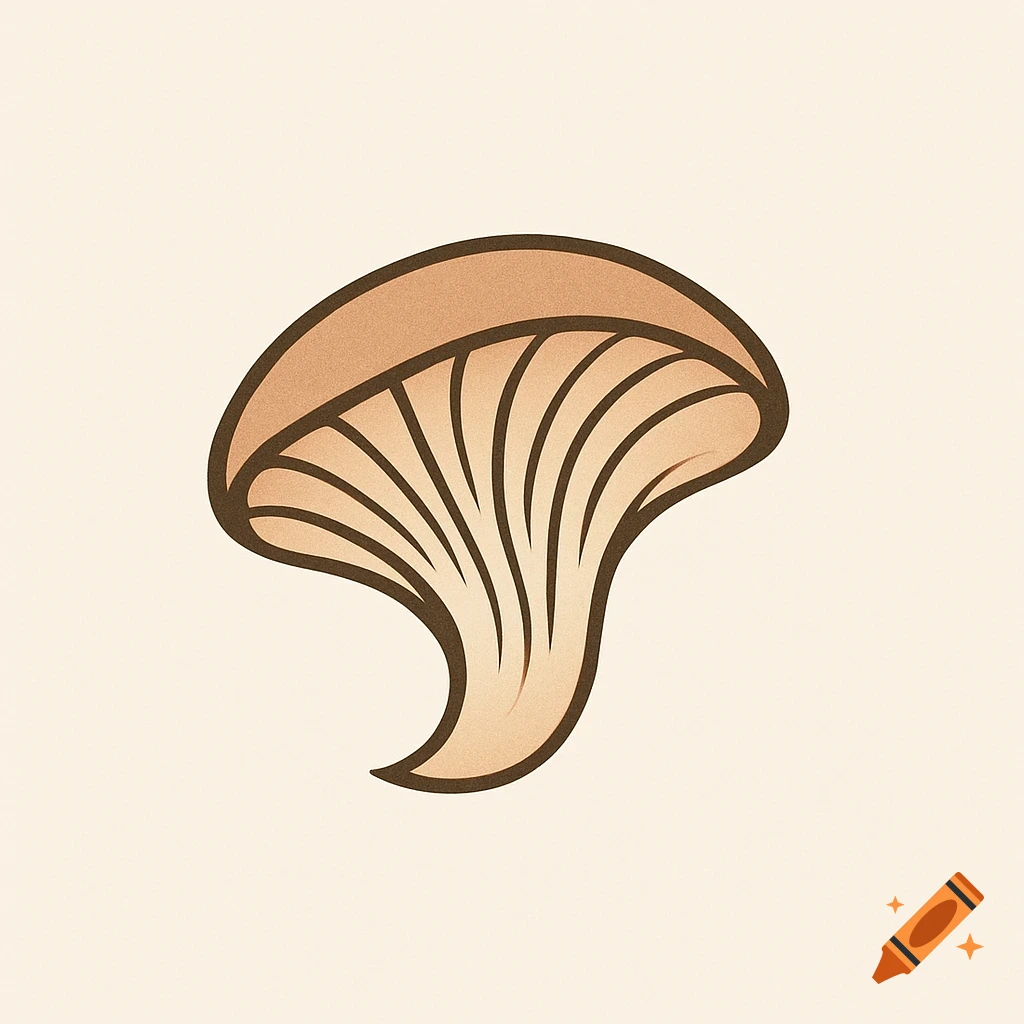 A simple, clean logo illustration of an oyster mushroom in brown and beige with dark outlines on a light background.