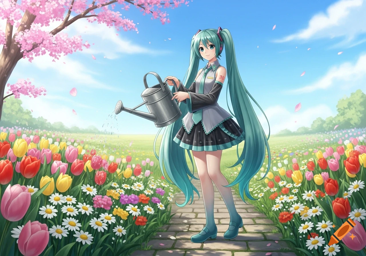 Hatsune Miku in a blue and black outfit waters a vibrant spring flower garden under a pink cherry blossom tree.