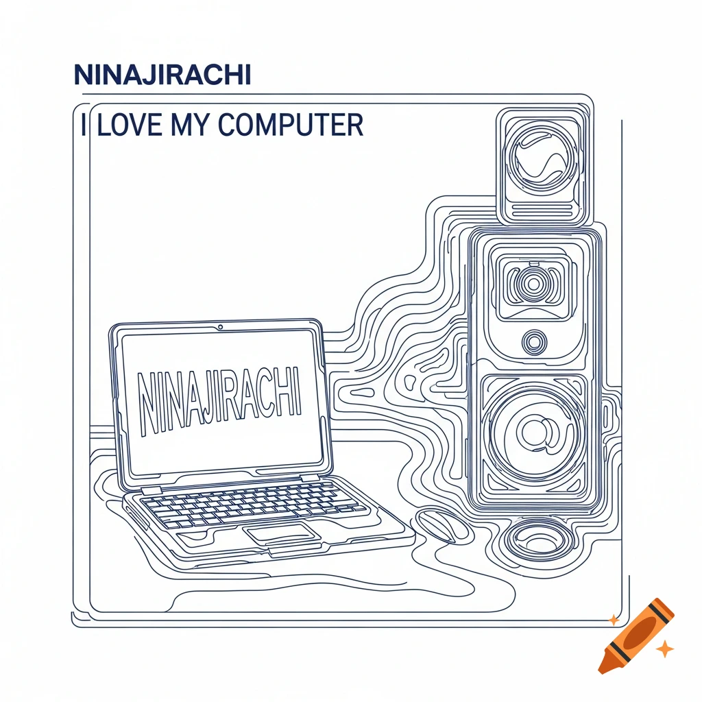Minimalist blue outline art of a laptop, mouse, and speakers on a white background with wavy lines, text "NINAJIRACHI" and "I LOVE MY COMPUTER".