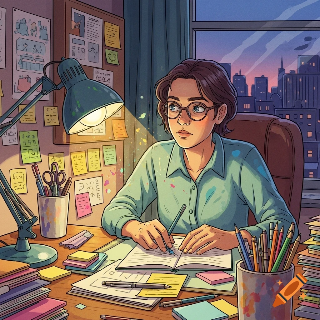 An illustrated person with glasses sits at a cluttered desk at dusk, writing in a notebook under a bright desk lamp, with a city skyline visible through the window.