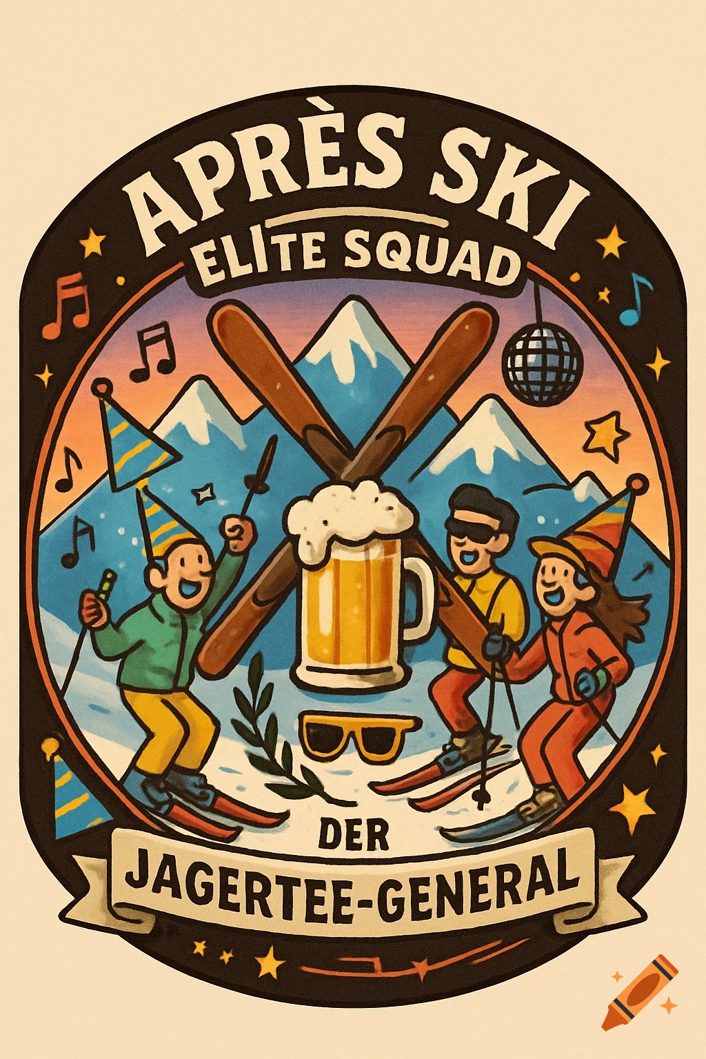 A cartoon illustration of an Apres Ski party badge with skiers, a beer mug, mountains, and text 'Apres Ski Elite Squad' and 'Der Jagertee-General'.