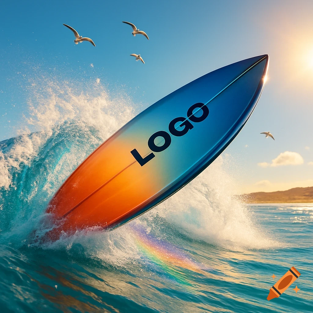 A vibrant surfboard with 'LOGO' text flying out of a cresting ocean wave under a sunny sky with seagulls and a rainbow.